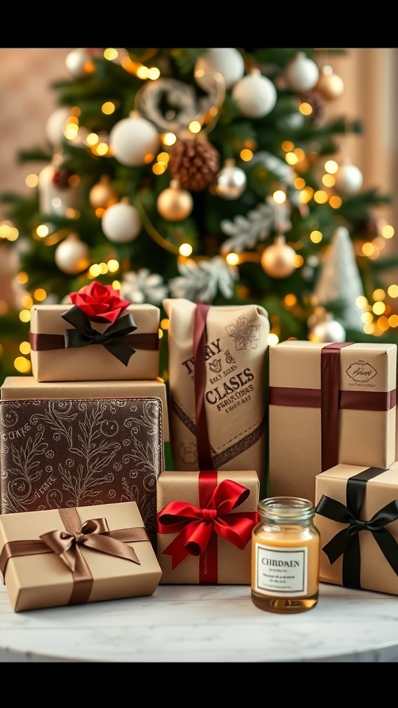 Elegant Christmas gifts including leather wallet, silk scarf, and scented candles under a Christmas tree.